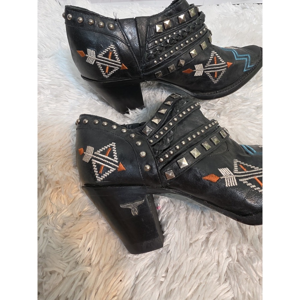 Lane Boots Womens 8 Black Leather Studded Southwestern Peep Toe Booties LB0312A - Picture 7 of 11